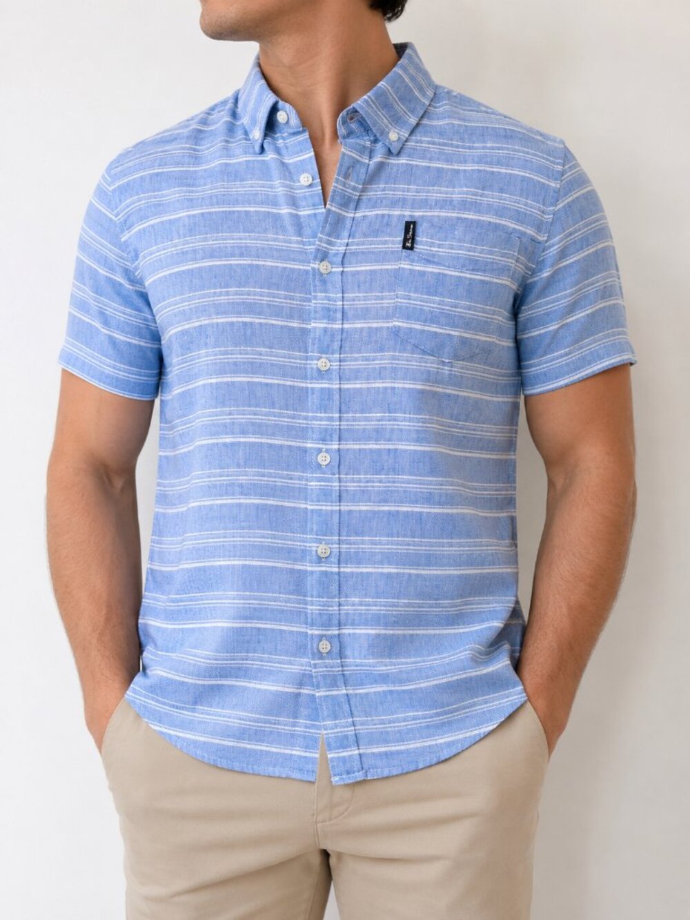 Ben Sherman Blue White Striped Linen Blend Button Up Shirt Men's M